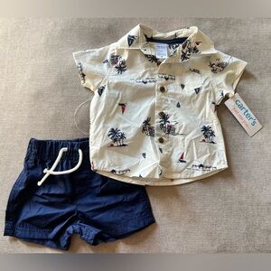 Carter's Cream Nautical Button-Up Shirt & Navy Shorts Set & Blue Jumper 3 months